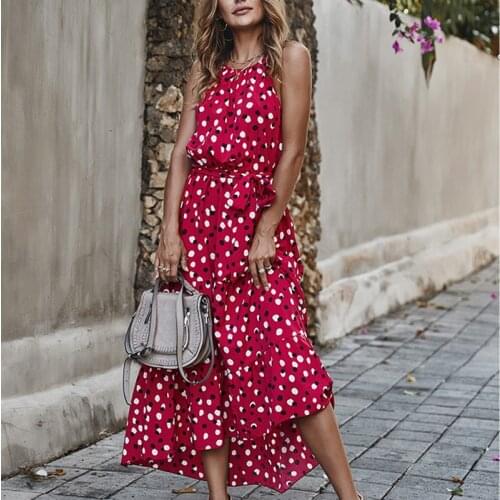 Summer Polka Dot Dress Women Fashion Bohemian Shirring Long Ladies Dresses 2021 Streetwear Casual Halter Beach Dress