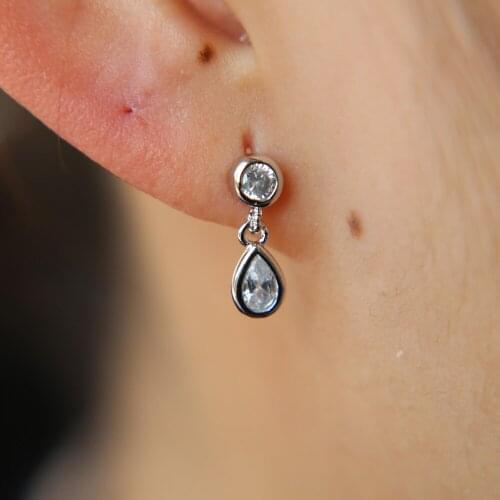 Double cz geometric waterdrop round bezel cz simple hgih quality cute earring