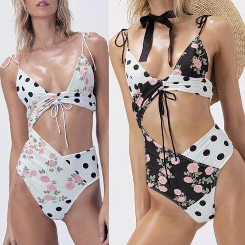 Sexy Cut Out One Piece Swimsuit Women Polka Dot Push Up Swimwear Floral Bandage Bathing Suit Ruched Monokini Swimming Beach Wear