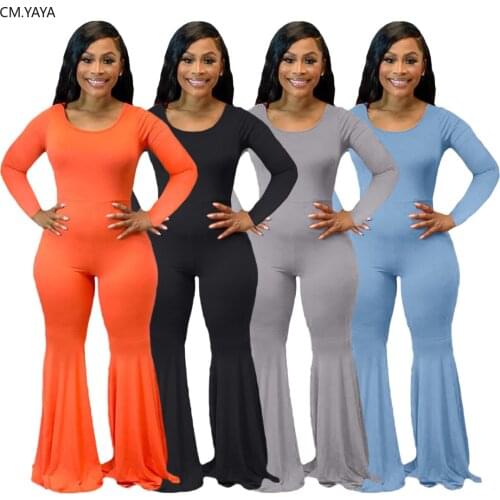 CM.YAYA Women Solid O-neck Long Sleeve Classic Fashion Wide Leg Flare Jumpsuit Bellbottoms One Piece Overalls Active Wear Romper