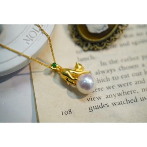 SX412 Solid 18K Yellow Gold Nature Green Emerald and Akoya Pearls Pendants Necklaces for Women Fine Jewelry for Women Gifts