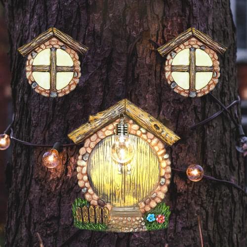 Creative Magic Fairy Door And Window Set Miniature Garden Solar Window Decoration Resin Crafts Home Art Fairy Tale Wall Hanging