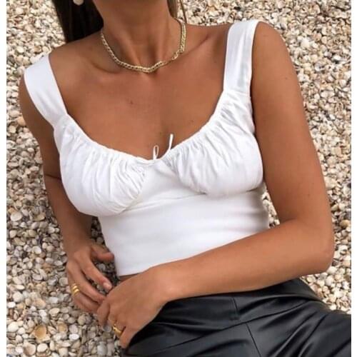 French Style Milkmaid Crop Tops Tanks Summer Solid White Ruched Bow Slim 2020 Ladies Wide Strap Tees Skinny Camisole