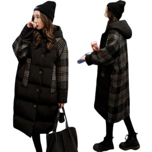 2021 Winter Fashion New Over The Knee Stitching Lattice Hooded Bat Sleeve Warm Cotton Jacket Parka Coat Cotton Clothing Female