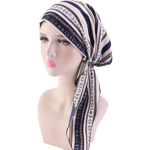 Women Crinkle Long Tail Hijab Hats Turban Muslim Printed Headwraps Soft Cotton Turbanet Ladies Hair Loss Chemo Cap Headwear