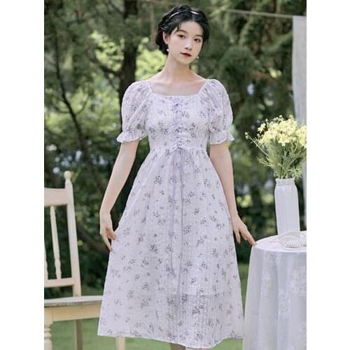 2021 Summer New Style Womens Literary Retro Girl Pastoral Style Square Neck Lace Floral Mid-Length Dress Chiffon Jacquard Dress