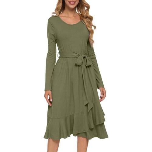 FEECOLOR Womens Solid Color Long Sleeve Slim Round Necktie Ruffle Dress