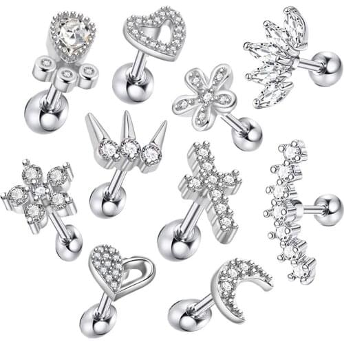 10PCS 16G 2021 Stainless Steel CZ Cartilage Earring Flower Safety Pin Helix Tragus Conch Screw Back Stud Ear Piercing Jewelry