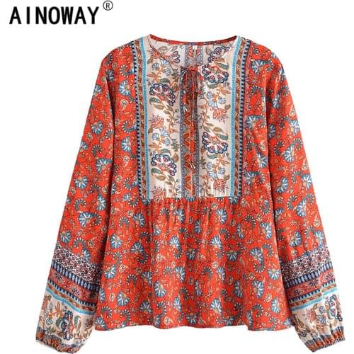 Boho women Tops Vintage Floral Print Loose Blouses ladies O Neck Long Sleeve Beach Shirts Blusas Mujer