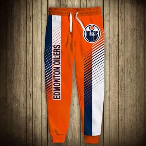 Edmonton mens Casual Oilers Sports Pants Orange And Blue Stripes Stitching Geometric Pattern Printing Sweatpants
