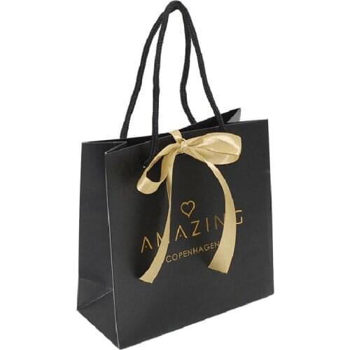 Wholesale 500/Pcs Customized Logo Black Paper Wedding Bags with Ribbon Luxury Personalized Design Gift Packaging Bag for Jewelry