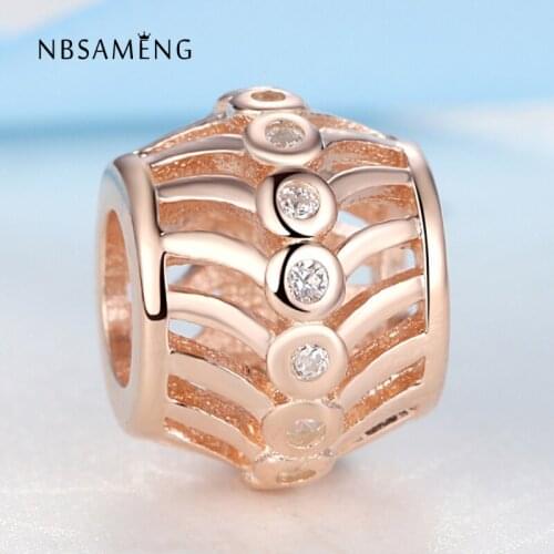 Authentic 925 Sterling Silver Bead Charm Rose Gold Hollow Crystal Beads Fit Women Bracelet Bangle DIY Jewelry
