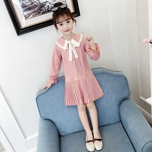 Preppy Style Girls Long Sleeve Princess Dresses Spring Fall Baby Kids Cute Bow Spliced One Piece Childrens Pleated Dress B241