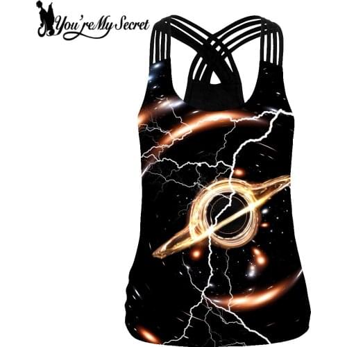 [You're My Secret] Simple Black Printing Women Vest Lightning Planet Pattern Sling Tank Tops Fashion Hollow Cross Strap Top Girl