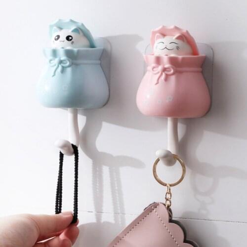 Lucky Bag Cat Hook Decorative Hooks Creative Cute Cat Plastic Hook Key Umbrella Clothes Hook Strong Viscose Hook Wall Hanger
