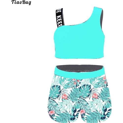 TiaoBug Summer 2Pcs Kids Girls Sport Suit Asymmetric Shoulder Straps Crop Tops And Shorts Set Sportswear Tracksuits