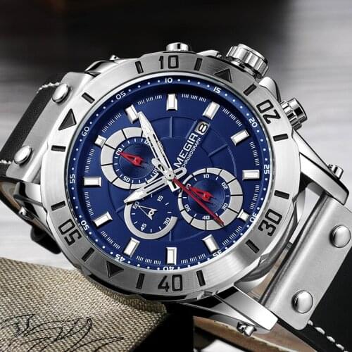MEGIR Blue Sport Mens Watches Top Brand Luxury Leather Quartz Wristwatches Men Waterproof Clock Relogio Masculino Reloj Hombre