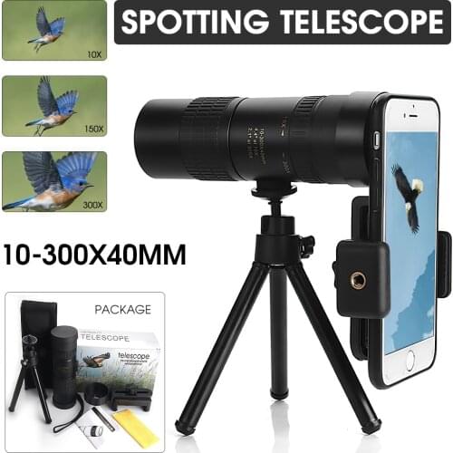 10-300x40mm Powerful Monocular Telescope Portable Compact Retractable Zoom Super Telephoto Telescope with Tripod Phone Clip