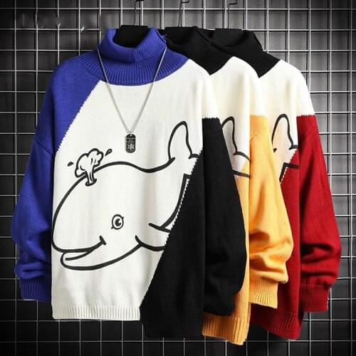Spring Autumn Mens Sweater Streetwear Korean Style Splicing Sweater Men Casual Mens Clothing Cartoons Turtelneck Sweater Men