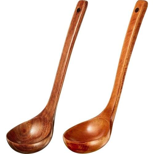 New 2 Pieces Wooden Ladle Soup Spoon Long Handle Ladle Cookware for Cooking Kitchen Home Restaurant