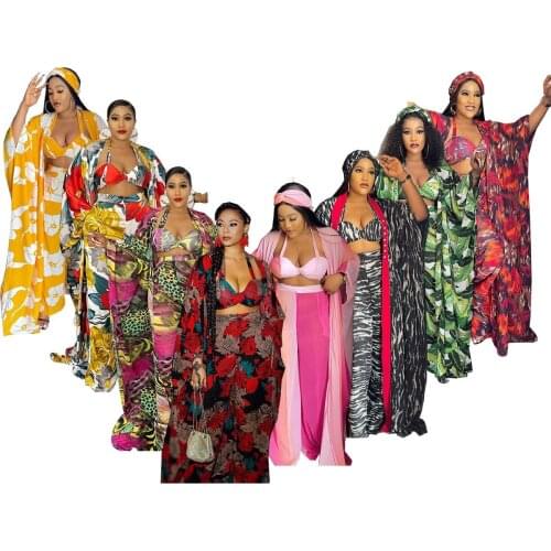 4 Piece Set Latest New Abaya Women Chiffon Clothes African Dashiki Digital Print Loose Gown With Slacks And Bra Scarf 4pcs Set