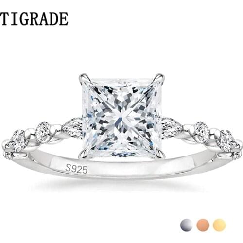 TIGRADE 2CT 925 Sterling Silver Ring Princess Cut CZ Engagement Ring Marquise & Round Cubic Zirconia Wedding Band for Women