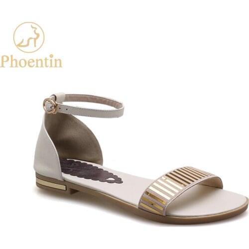 Phoentin gold flat sandals woman 2020 bling summer shoes women sandals ankle buckle strap flats plus size 45 46 footwear FT936