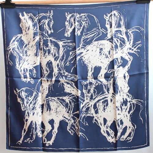 Luxury 100% Twill Silk Scarf Bandana Women Vintage Horse Print Shawl Hijab Hand Rolled Kerchief Stole Turban 90*90cm