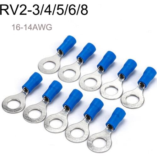 RV2 10-50Pcs/Set 16-14 AWG Kit M3/M4/M5/M6/M8 Insulated Blue Ring Terminals Wire Cable Electrical Crimp Connectors