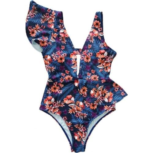 Sexy summer ladies Monokini floral print deep V-neck swimsuit Sexy summer womens ruffled one-piece swimsuit