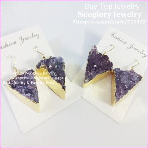 5Pair of Triangle shape Natural crystal Quartz Druzy Stone Jewelry Earring Drusy Gem Gold Color Hook Earring Jewelry