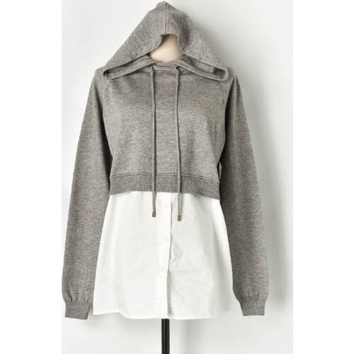 Fake Two Piece Hooded Sweater 2019 Autumn Black White Patchwork Pullover Sweater Fashion Loose Fall Tops Casual Sweater Women