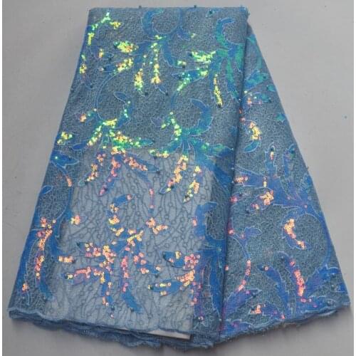 High quality sequins embroidered African double net tulle lace fabric with beads skyblue French net lace for party dress FLP178