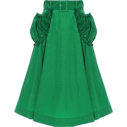 Elgant Midi Skirt Womens Ruffled Pocket Green High Waist A-line Skirt Office Lady Black Skirt Harajuku Korean Fashion Skirt
