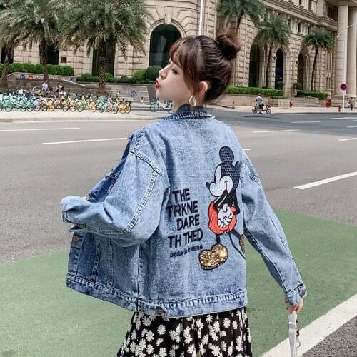 Disney Mickey Mouse Denim Jacket Woman Spring and Autumn New Embroidery Loose and Thin Sequined Denim Jacket Female Cartoon Top