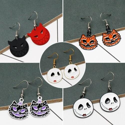 Halloween Gjost Skull Metal Earrings Women Hallowmas Costume Cosplay Scary Pumpkin Black Cat Heads Drop Earring Party