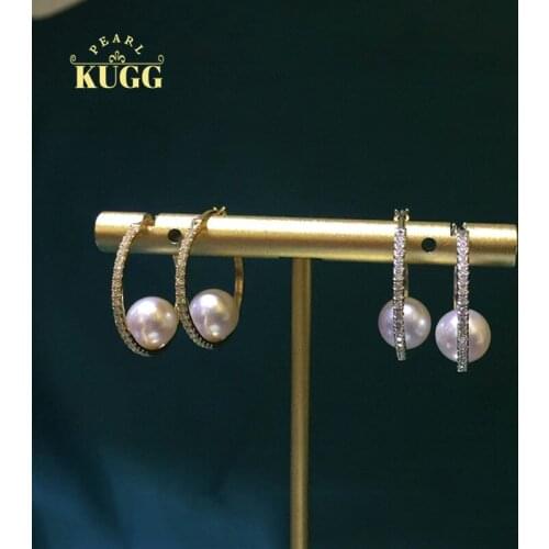 KUGG PEARL 18k Yellow Gold or White Gold Earrings Natural Akoya White Pearl Earrings Real Diamond Stud Earrings for Women