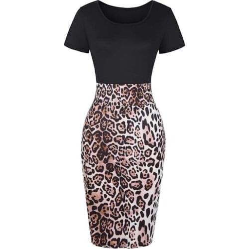 Women Knee Length Short Sleeve O-neck Leopard Pattern Patchwork Elegant Fashion Female Dress