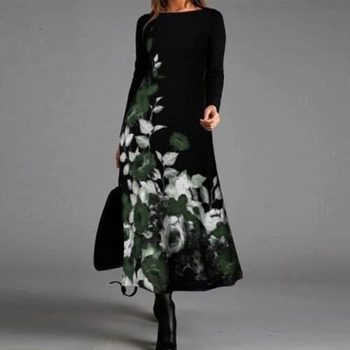 2021 Autumn Winter Casual Loose Dress Women Vintage O-Neck Floral Printed Party Dress Ladies Elegant Long Sleeve A-Line Dresses