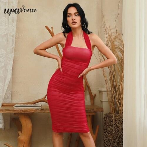 Free Shipping 2021 Summer Women Halter-neck Mesh Dress Sexy Sleeveless Bodycon Halter Dress Club Night Party Knee-Length Vestido