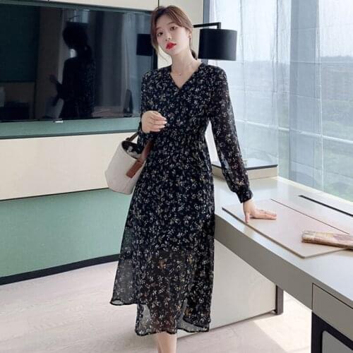 Women Elastic Wasit Chiffon Dresses Autumn Ins Style Retro Floral Printed Long Dress Female French Elegant A-line Dress Vestidos