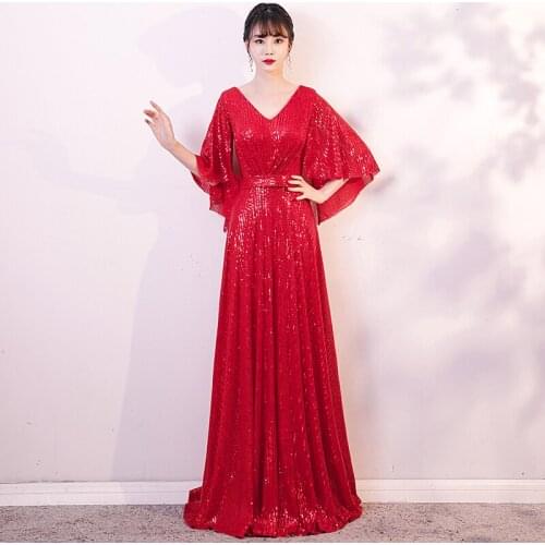 Red Sequins Simple Evening Dress Ruffles Half Sleeves A-Line Elegant V-Neck Pleat Floor-Length Woman Formal Party Gowns A1308