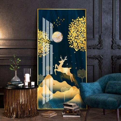Golden Deer Creative Painting Abstract Crystal Porcelain Painting Living room decorative pictrues Home art wall decoration