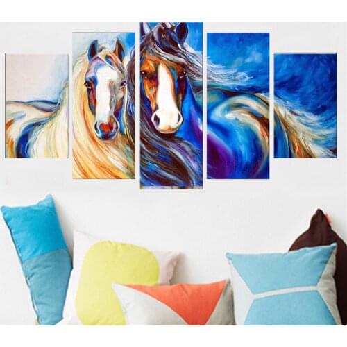 5 Panel Canvas Art Wall Decor Animal Two Horses Collided Poster Nordic Decoration Home Decorative Framework Living Room Pictures