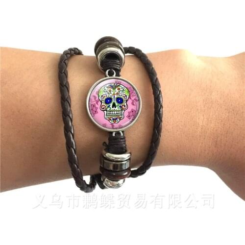 Pinkycolor Skeleton Bracelet 20mm Glass Dome Time Gem Black/Brown Leather Bangle Jewelry Day of the Dead Gifts