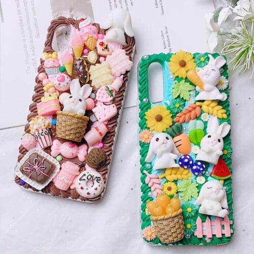 Handmade Case for iPhone 12/11 pro cute Rabbit Phone Cover ip7/8 plus for iPhone XR XS MAX 3D Candy Food DIY cream shell SE 2020