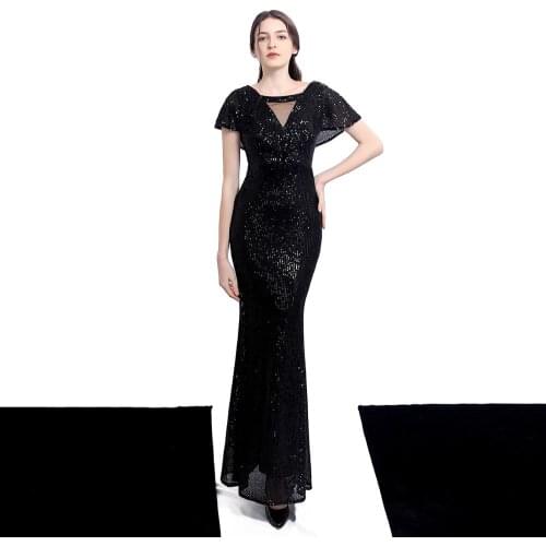 Black Sequined Butterfly Sleeve Backless Long Mermaid Formal Elegant Dress Women For Wedding Party Night Club Wear Sexy Dresses