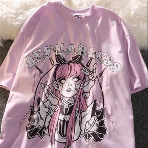 Pink Amine T-Shirt Girl 100% Cotton Japan Cartoon Cool Tops Summer Cute Tees Causal Harajuku Oversize Punk Kawaii T Shirts Males