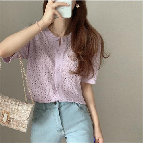 Alien Kitty Cardigans Hollow Out Sweet Short Sleeves 2021 Knitwear Chic Sweaters Knitted Tops All Match Loose Sexy New Clothe