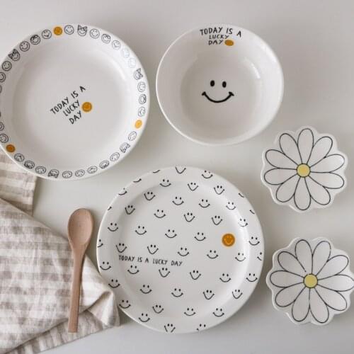 Creative Smiley Face Ceramic Plate Retro Ins English Letter Breakfast Plate Salad Dessert Bowl Dinner Plate